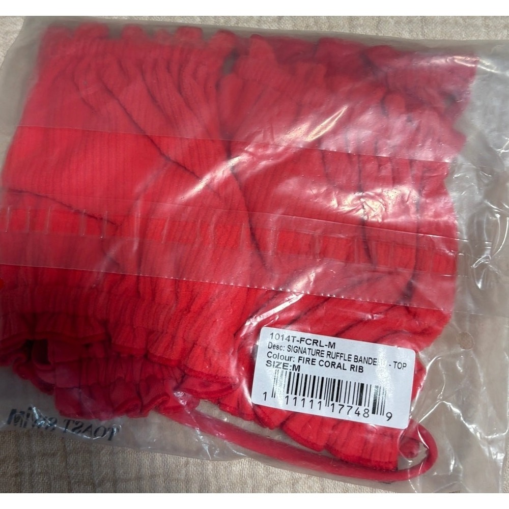 NWT Toast Signature Ruffle Bandeau Top, Open Front, Fire Coral Red, Ribbed, Sz M - Picture 5 of 5